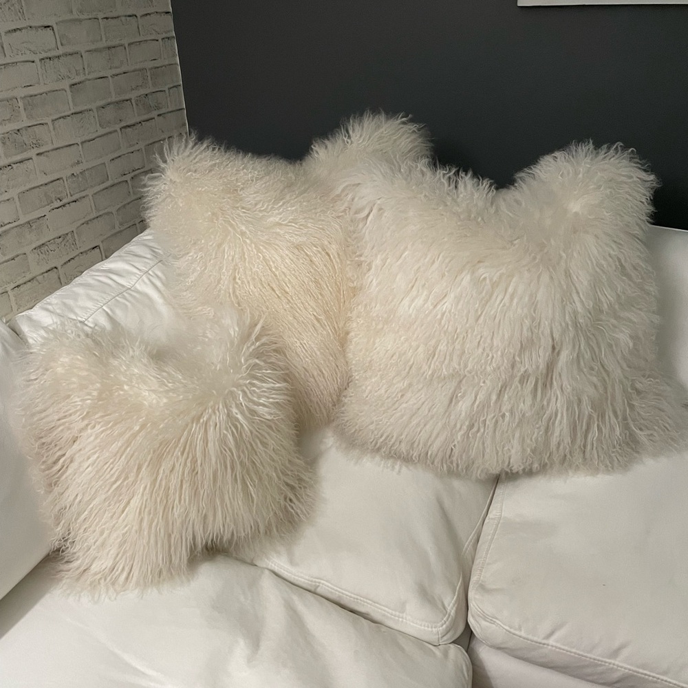 Crate and Barrel Mongolian Fur Throw Pillows with Feather Inserts